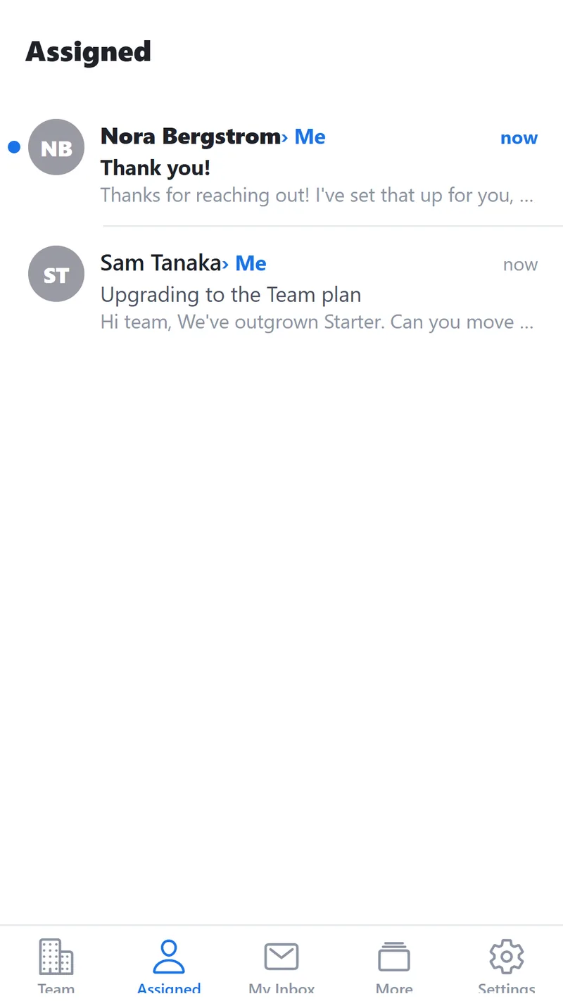 The Assigned tab of the ShareMail Android app, listing the two conversations assigned to the signed-in person with unread markers.