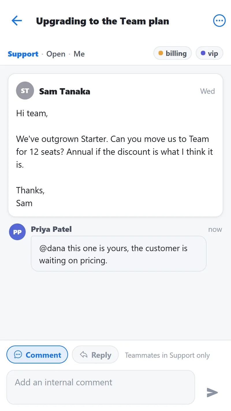 A conversation open in the ShareMail Android app, showing a customer's message, a teammate's internal comment mentioning a colleague, and a composer switched to Comment mode.