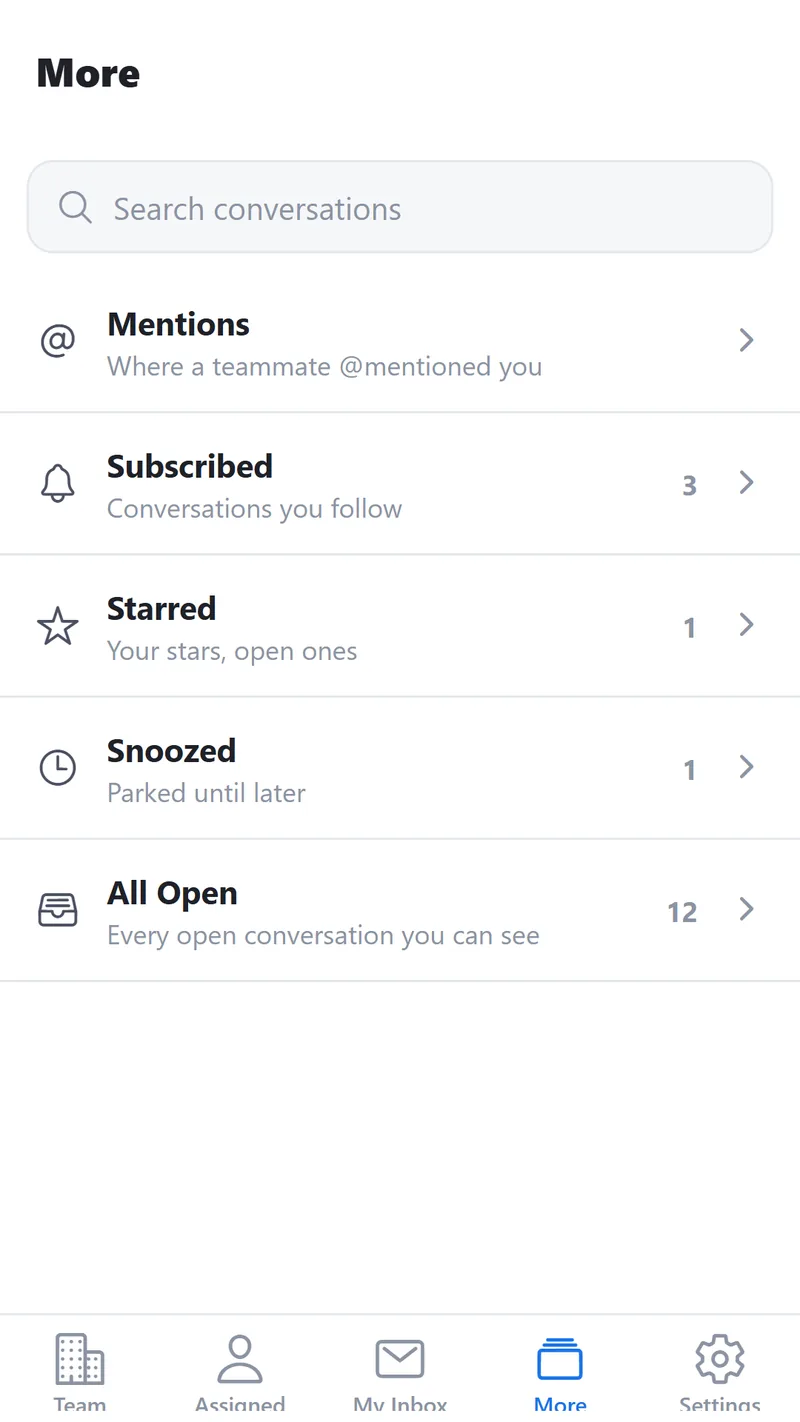 The More tab of the ShareMail Android app, with search and rows for Mentions, Subscribed, Starred, Snoozed and All Open, each with a count.