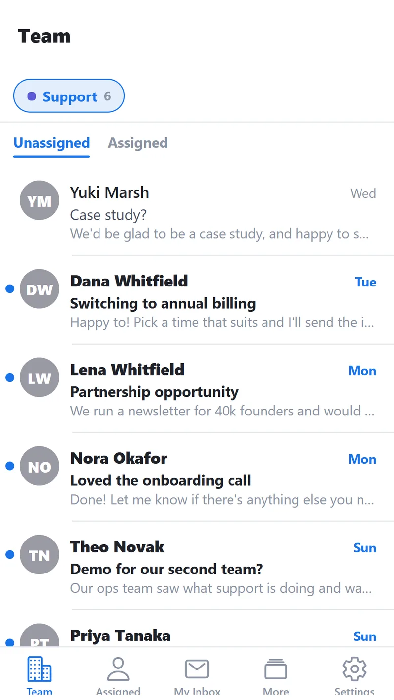 The ShareMail Android app showing the Team tab: the Support shared inbox with an unread count, an Unassigned and Assigned filter, and a list of conversations with sender avatars and preview lines.