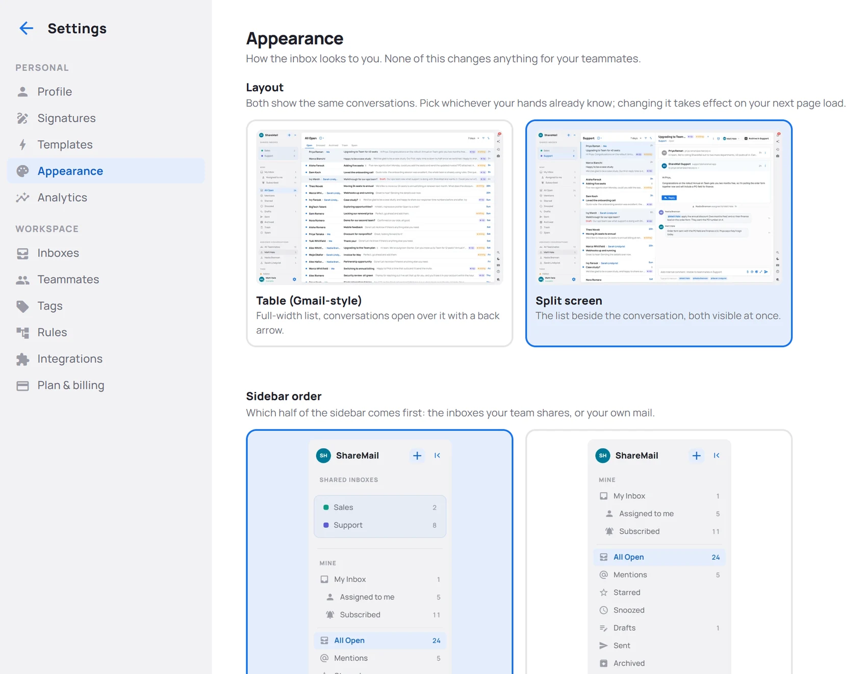 Settings → Appearance: the two layout cards, the two sidebar order cards, and the accent colour swatches.