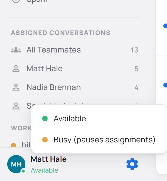 The foot of the sidebar with the availability menu open: Available, or Busy (pauses assignments).