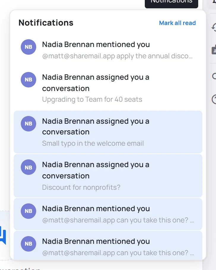 The notification bell open: a list of mentions and assignments, each with the conversation's subject, and a Mark all read link.