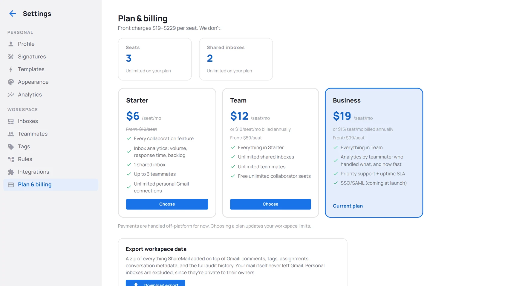 Settings → Plan and billing: seat and shared inbox usage, then the Starter, Team and Business cards with their prices and what each includes.