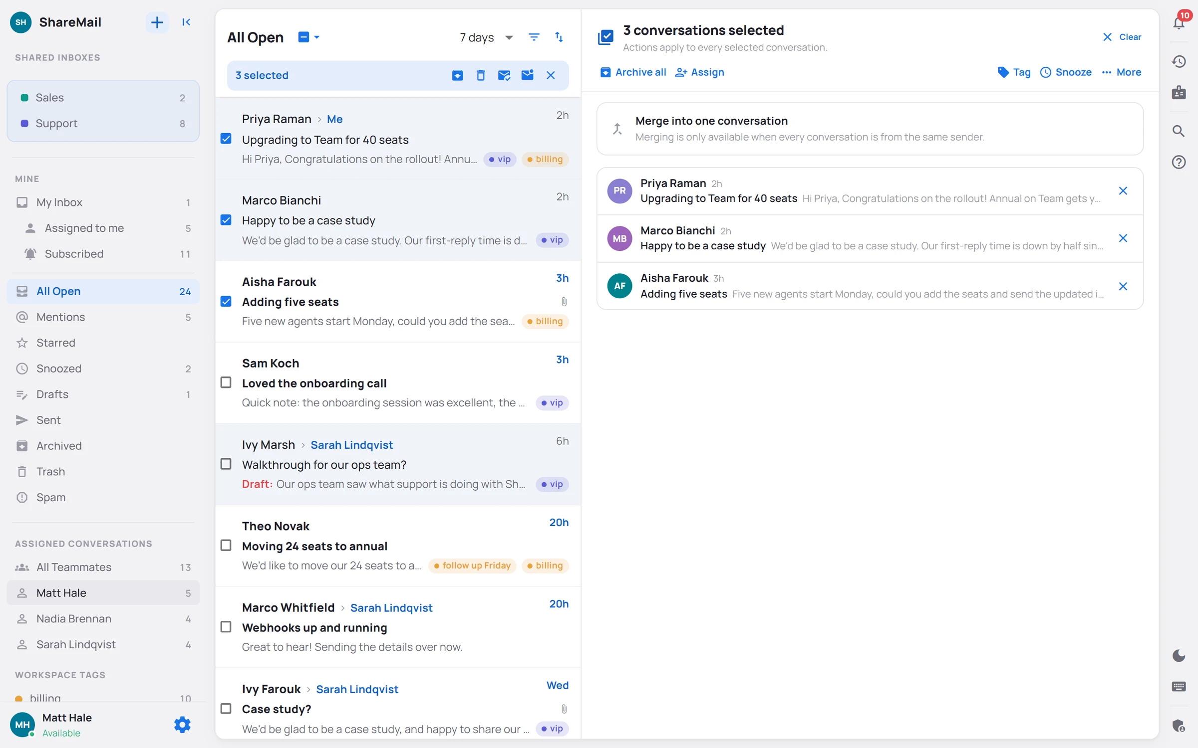 Three conversations selected in split layout: a strip above the list with Archive all, Trash all, Mark read and Mark unread, and a panel in place of the reader listing the selection with Archive all, Assign, Tag, Snooze and More.