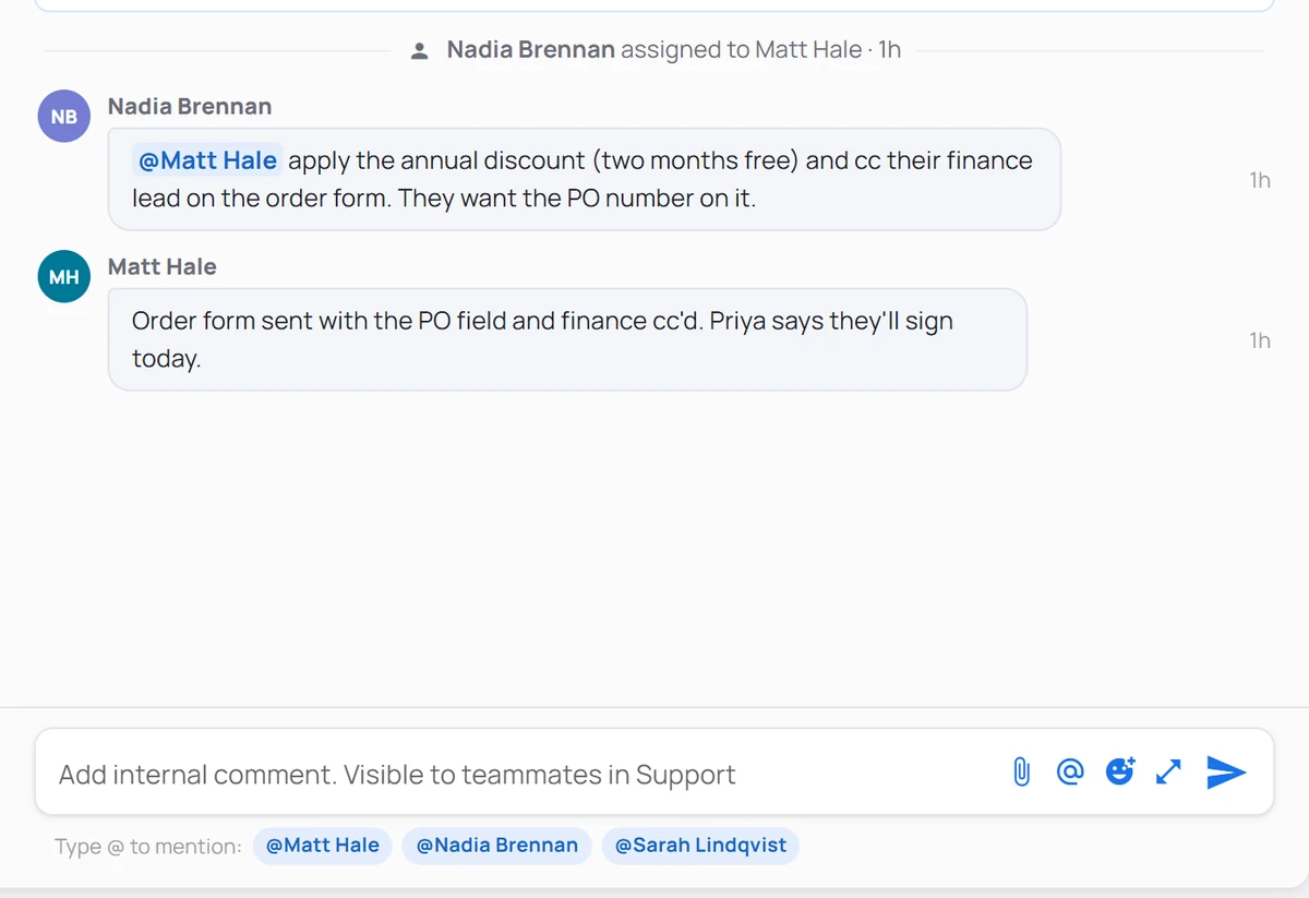 A customer thread with two internal comments underneath: one teammate @mentions another to apply the annual discount, who replies that the order form has been sent.