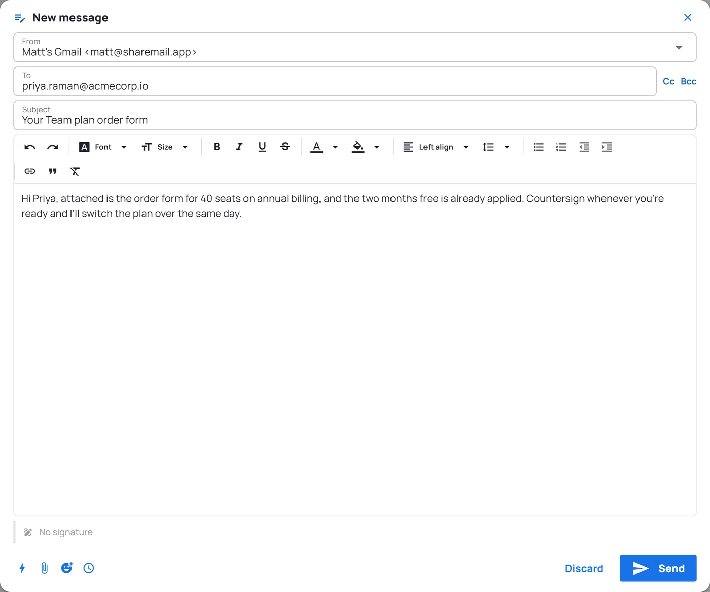 The ShareMail new-message composer with From, To, Bcc, subject, a formatting toolbar, an attached file, and Send.