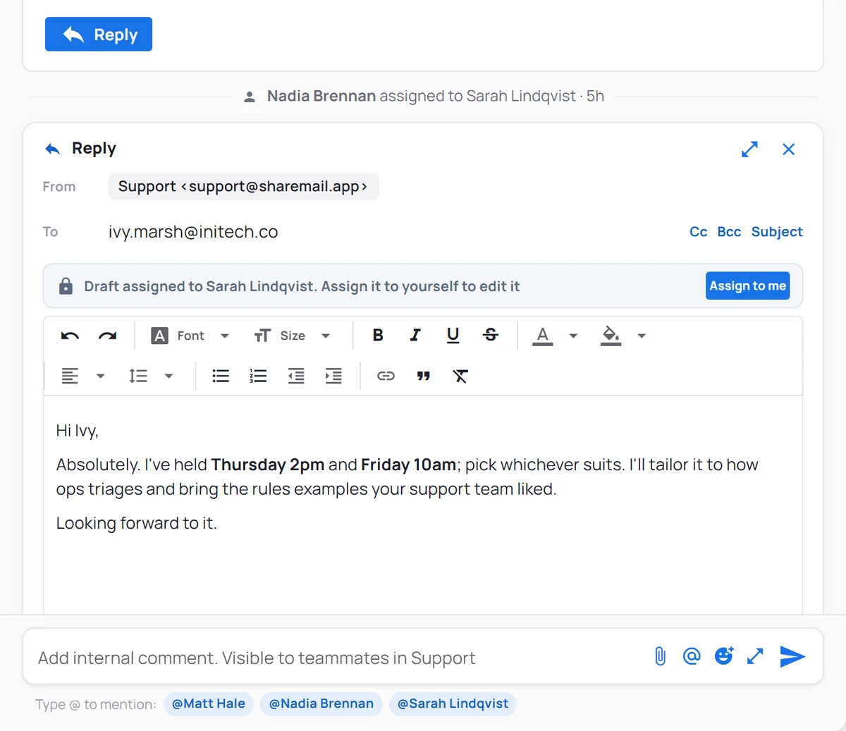 A conversation showing a shared draft owned by another teammate, displayed read-only with a banner naming its owner.