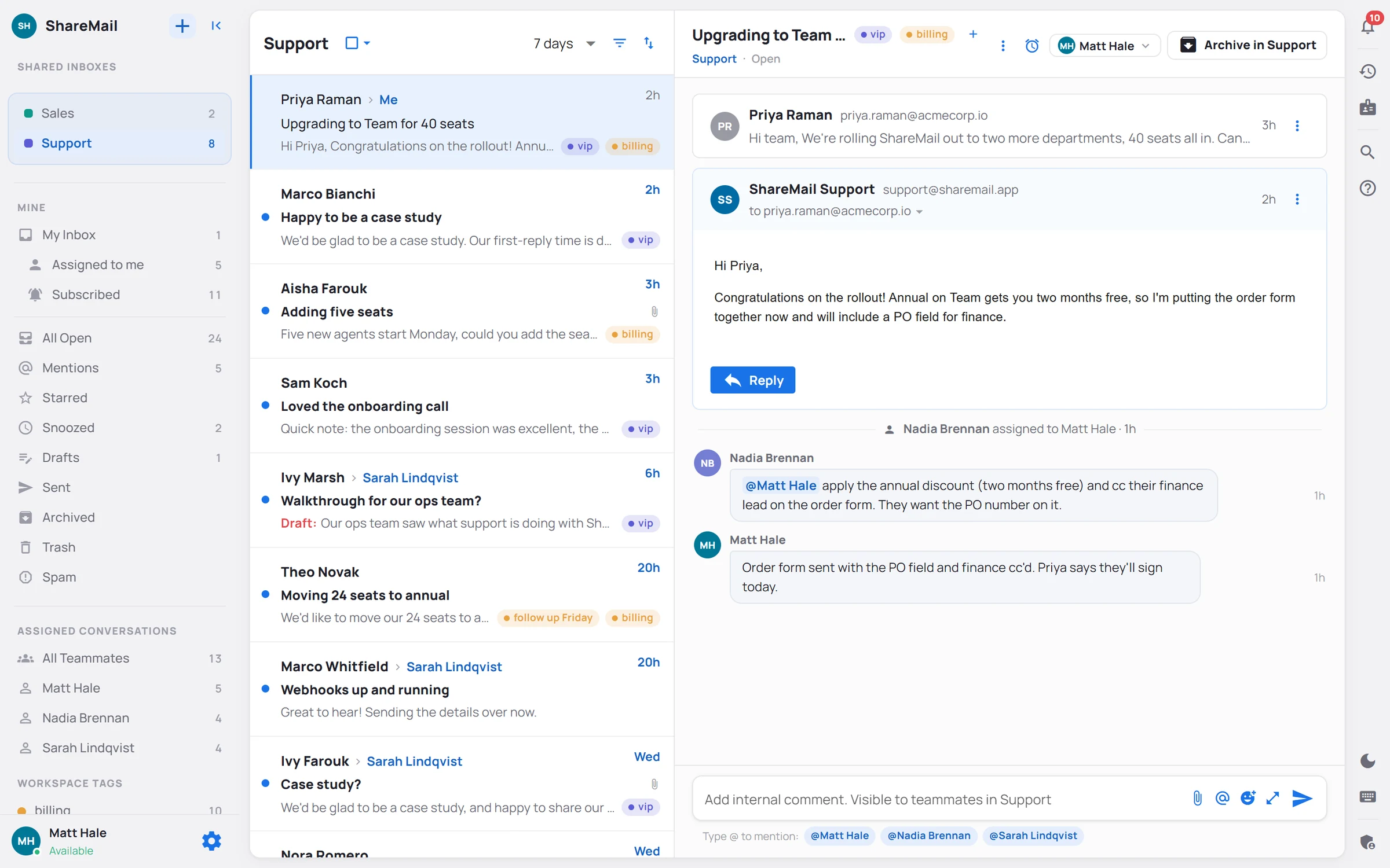 The ShareMail inbox: shared Support and Sales inboxes in the left sidebar, a conversation list in the middle, and an open customer upgrade request on the right with two internal teammate comments below the email.