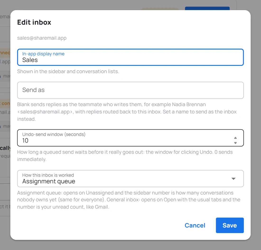 The Edit inbox dialog: display name, Send as, the undo-send window in seconds, and the How this inbox is worked choice.