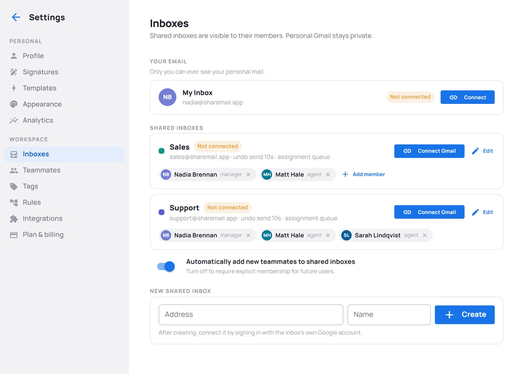 Settings → Inboxes: your own Gmail at the top, then a card per shared inbox with its members, and the form for a new one.
