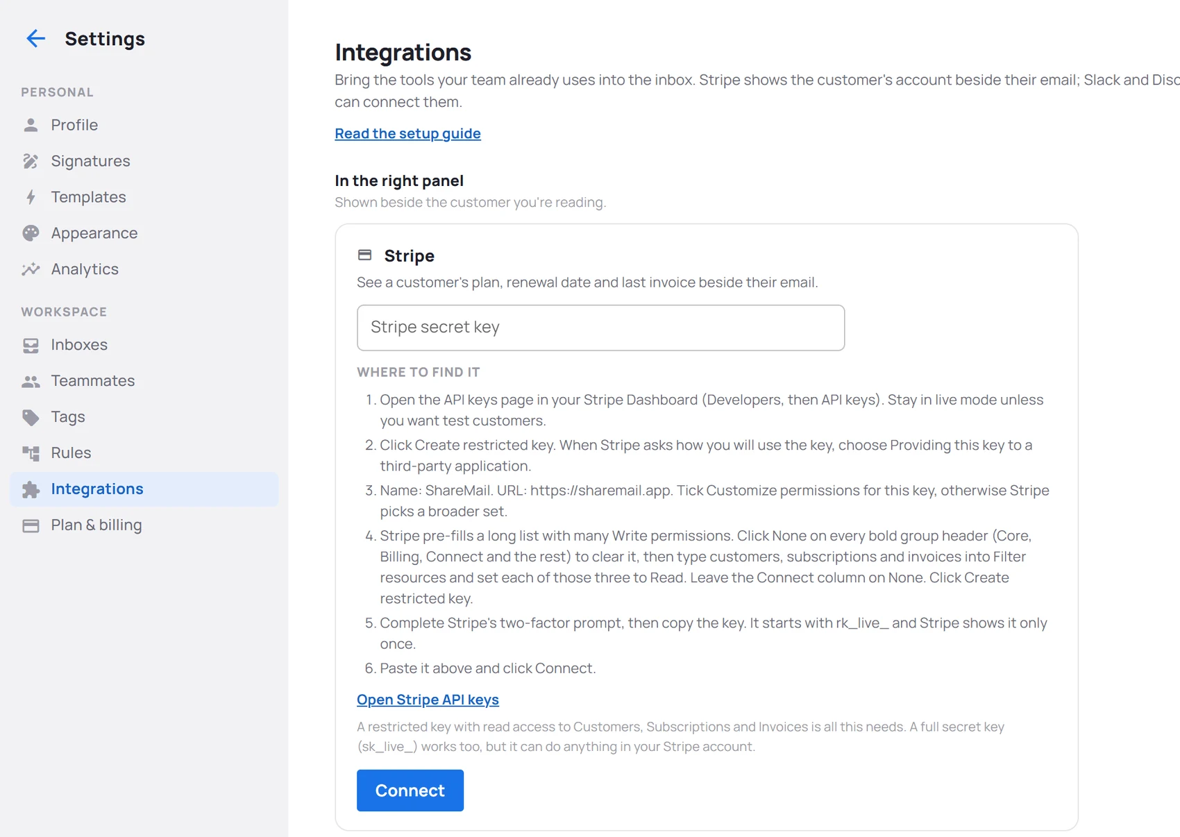 Settings → Integrations: the Stripe card with its key field, the numbered steps for finding the key, and the Connect button.