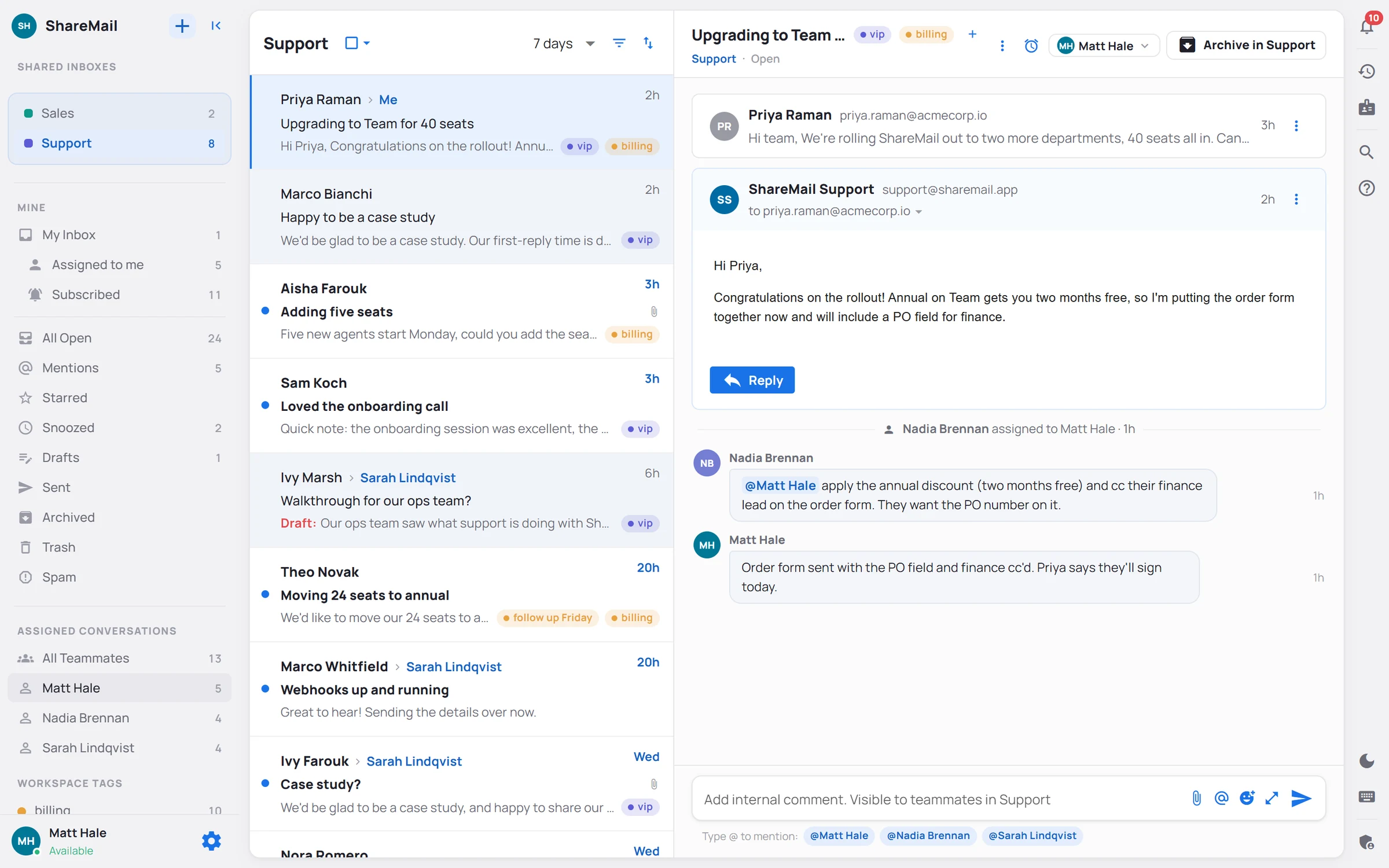 ShareMail in split layout: the conversation list on the left and the open conversation with its internal comments on the right, both visible at once.
