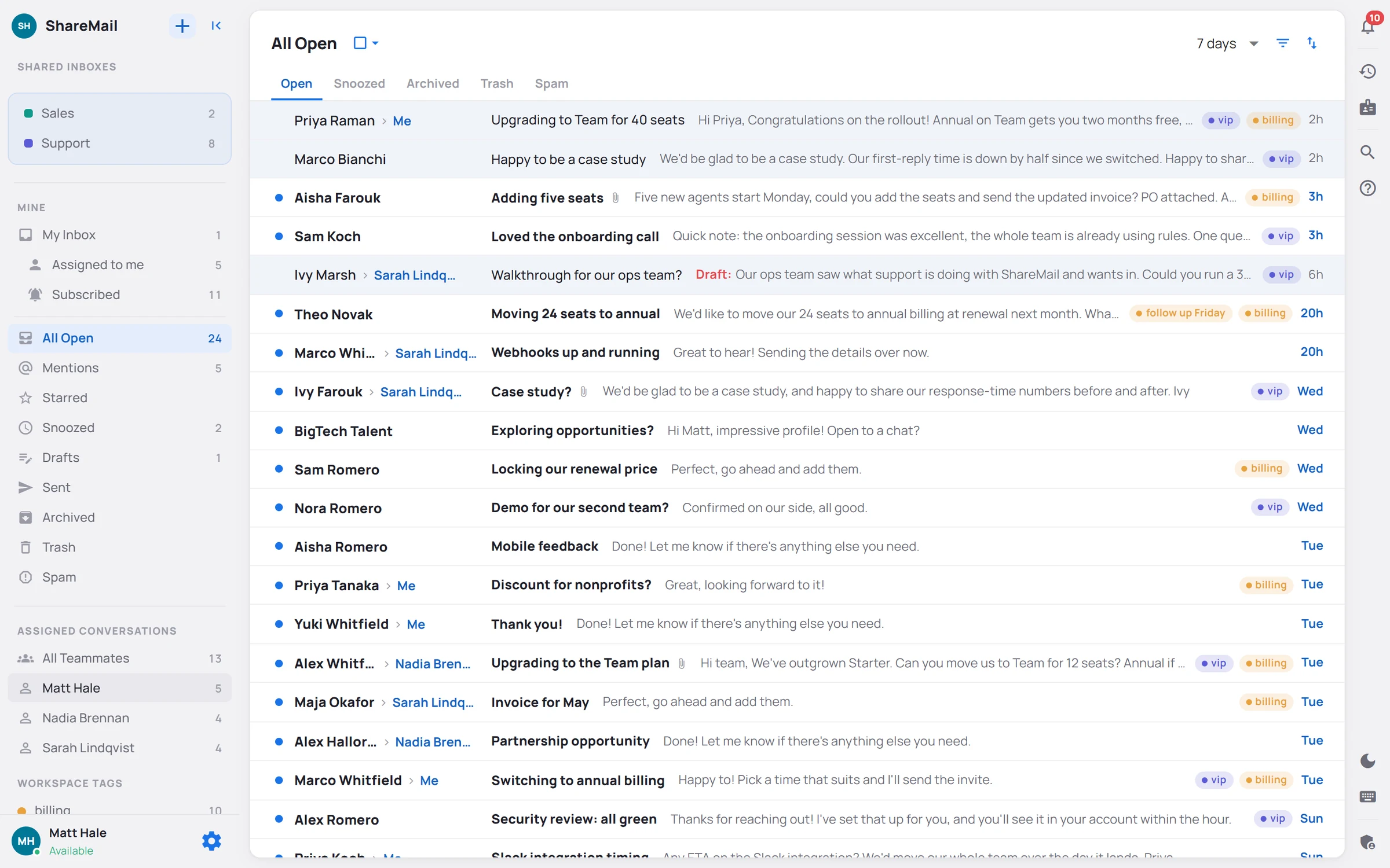 ShareMail in table layout: a full-width conversation list with one line per conversation, unread rows brighter and bold, exactly like a Gmail inbox.