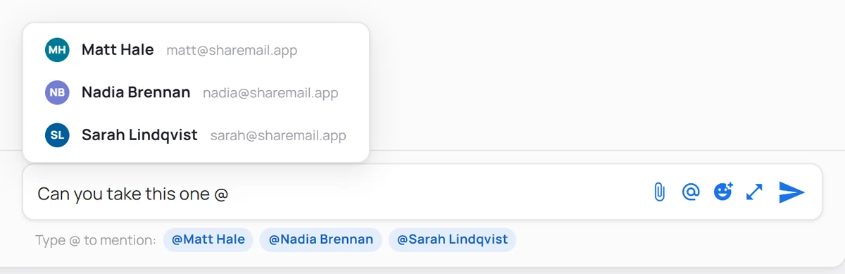 The comment box with an @ typed and the autocomplete listing teammates to mention.