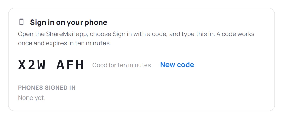 The Sign in on your phone card in Settings → Profile, showing a six-character pairing code and the phones already signed in.