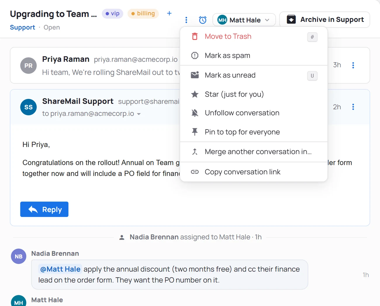 The reader's More actions menu: Move to Trash, Mark as spam, Mark as unread, Star (just for you), Unfollow conversation, Pin to top for everyone, Merge another conversation in, Copy conversation link.