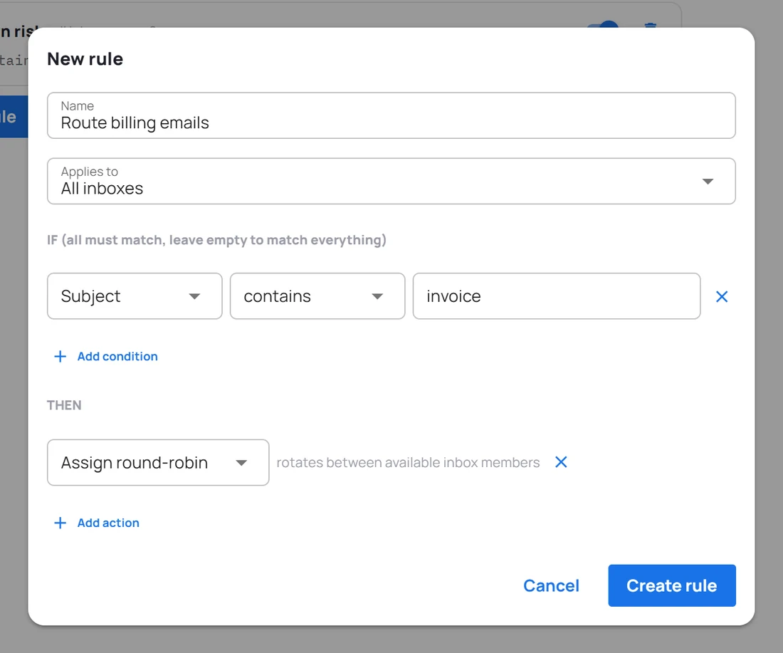 The New rule dialog: Applies to, an IF section with a Subject contains condition, and a THEN section with an Add tag action.