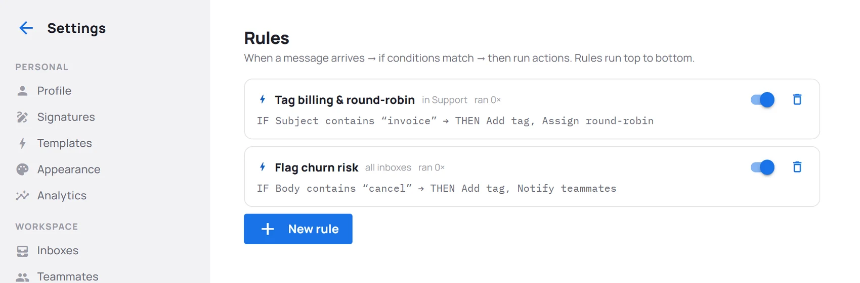 The Rules settings page showing two rules written as IF subject contains invoice THEN add tag and assign round-robin.