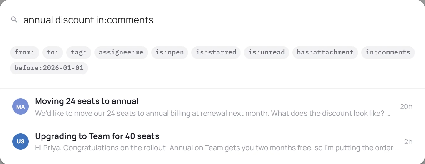The search overlay with the query 'annual discount in:comments' returning two conversations that matched on internal comment text.