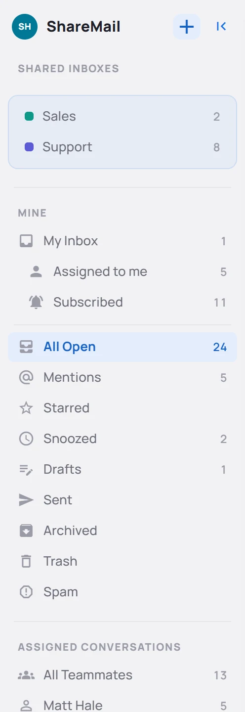 The sidebar with the workspace name, shared inboxes and their counts, then My Inbox, Assigned to me, Subscribed, and the library views.