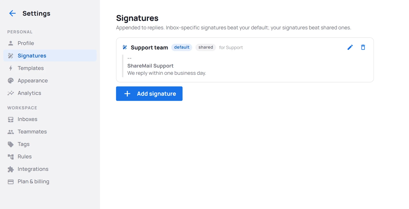 Settings → Signatures: a default signature for all inboxes and a shared team signature for the Support inbox.