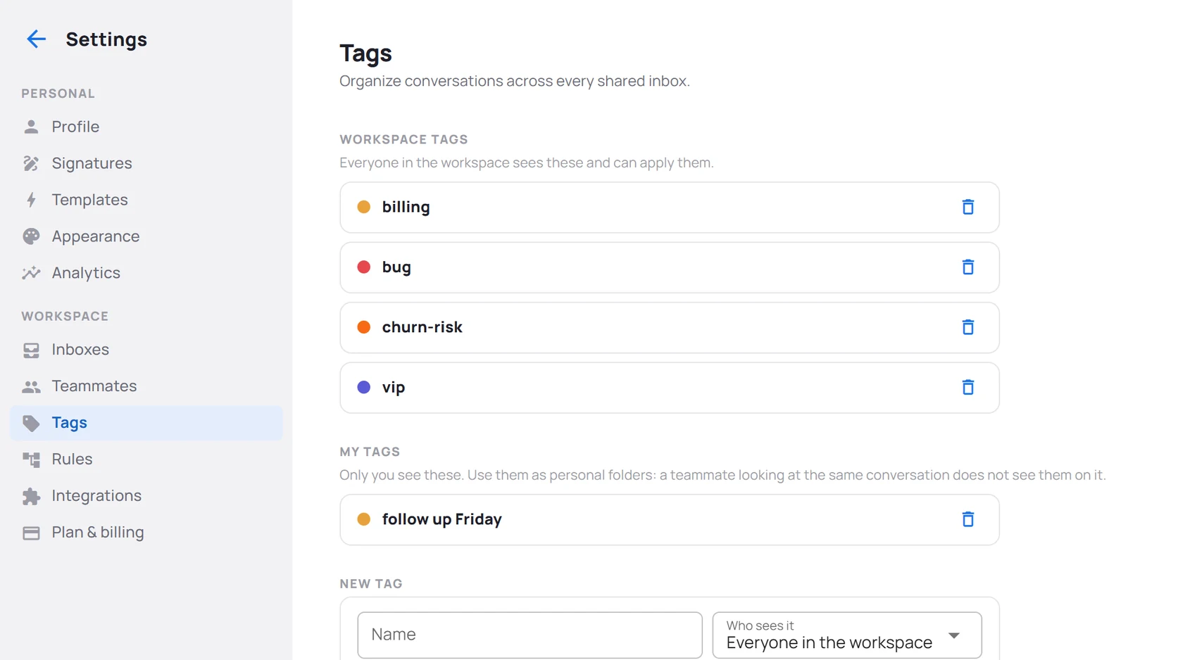 Settings → Tags: the Workspace tags list, the My tags list, and the new tag form with its Who sees it choice.