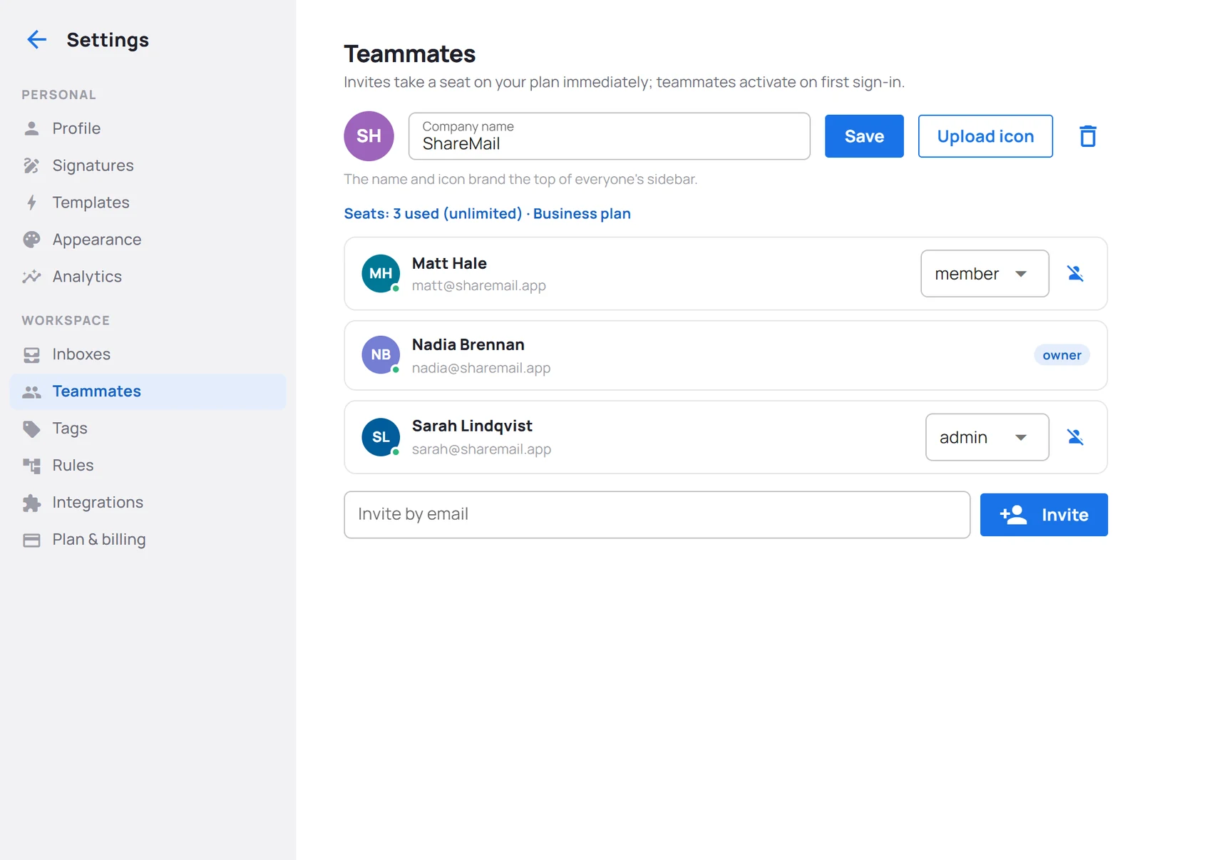 Settings → Teammates: the workspace name and icon, a seat count, a row per teammate with role and a deactivate button, and the invite field.