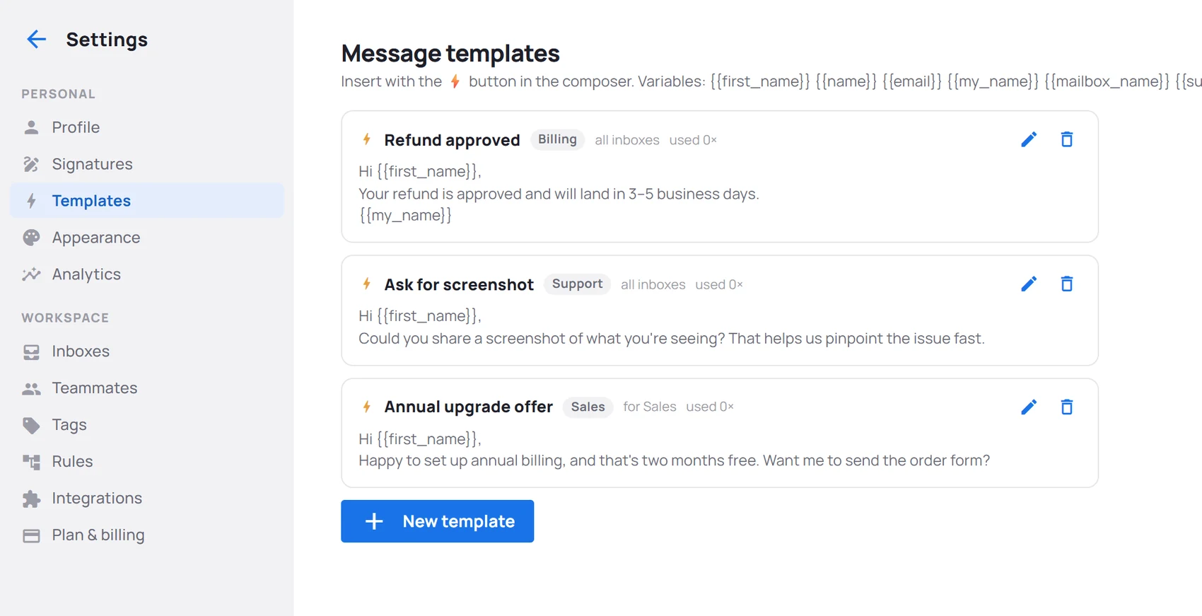 Settings → Templates: a list of saved replies with their folder, which inbox they are for, and how often each has been used.