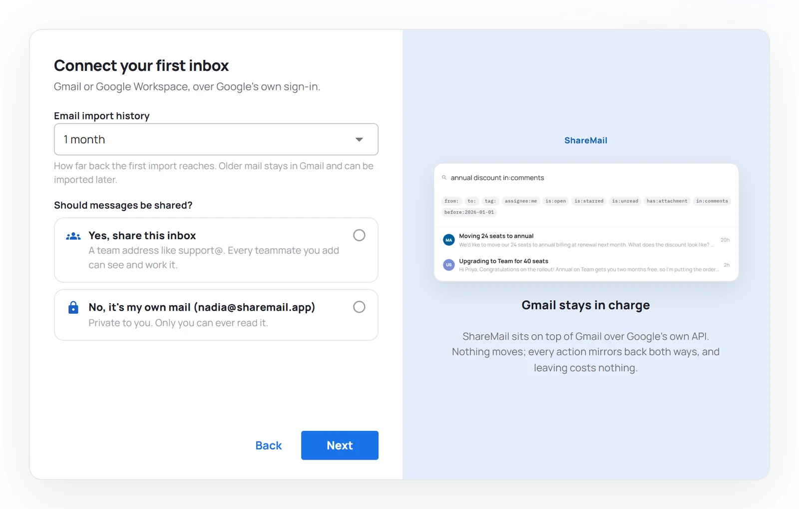 The setup wizard on its Connect your first inbox step: import history, whether the inbox is shared, and the shared address and name.